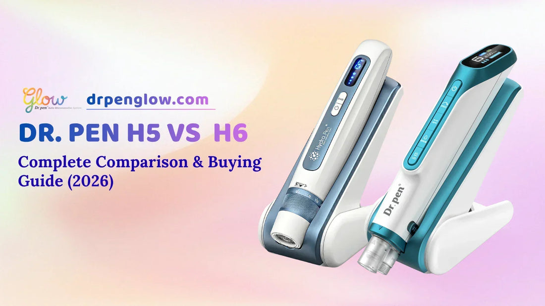 Dr. Pen Hydra Pen H5 vs Dr. Pen H6 comparison showing serum infusion microneedling devices, EMS vs LED technology, cartridge compatibility, and key features.
