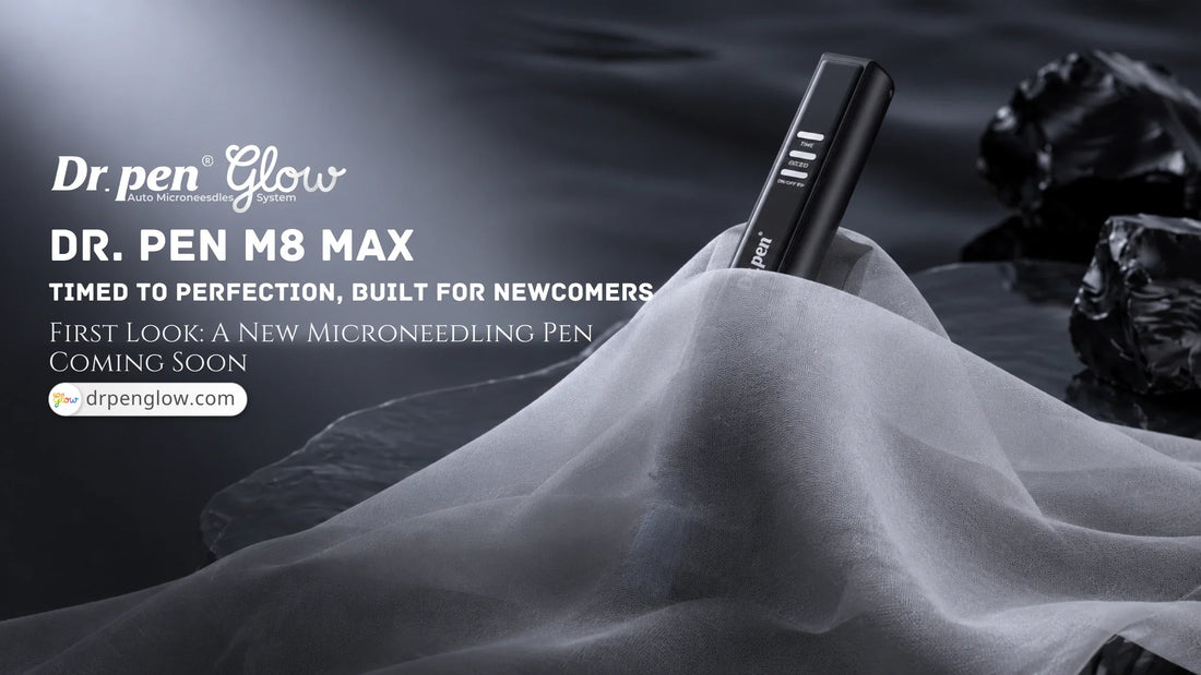 Dr. Pen M8 Max microneedling pen first look with TIME and SPEED controls, partially covered by fabric, coming soon to DrPenGlow.