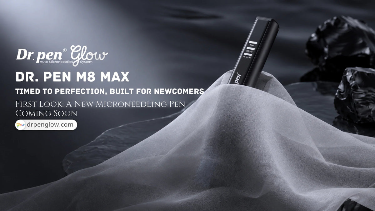 Dr. Pen M8 Max microneedling pen first look with TIME and SPEED controls, partially covered by fabric, coming soon to DrPenGlow.