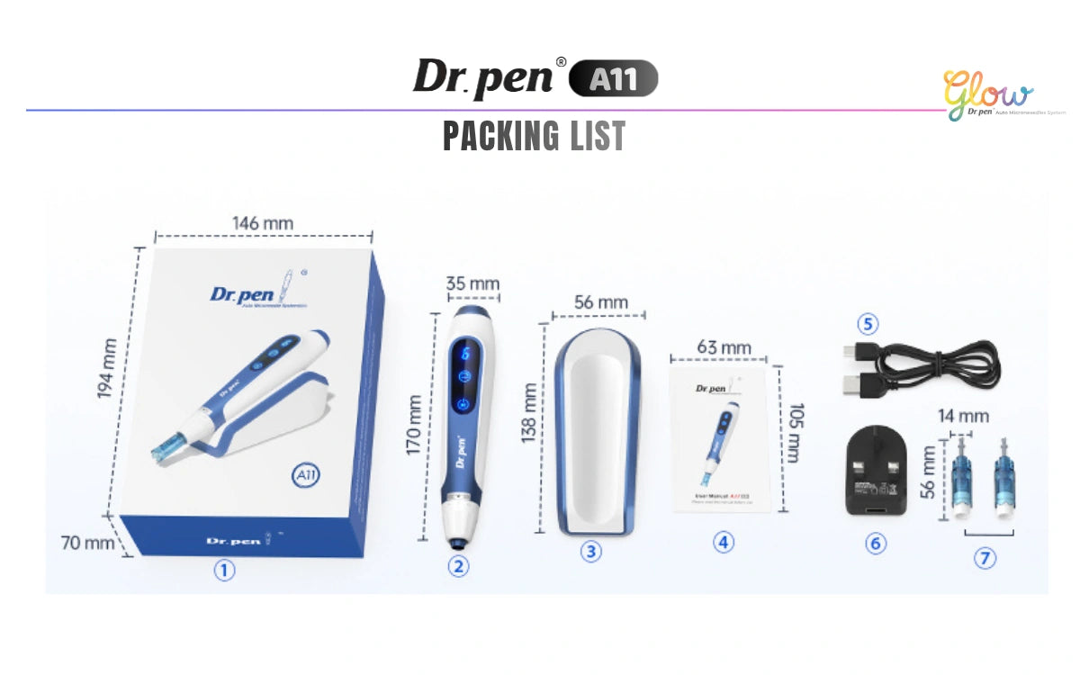 Packing list of Dr. pen A11 with dimensions and components on a white background