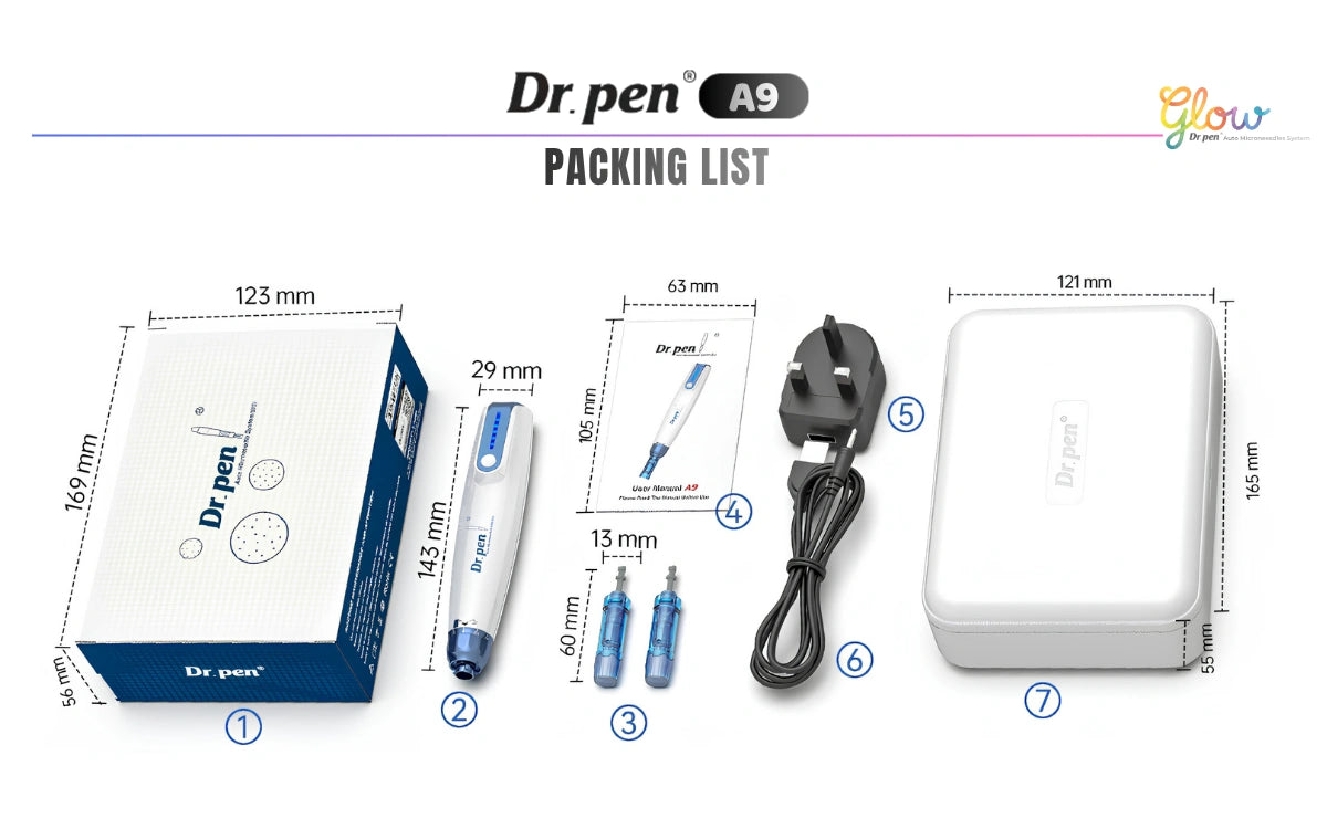 Packing list of Dr. pen A9 with dimensions and components on a white background
