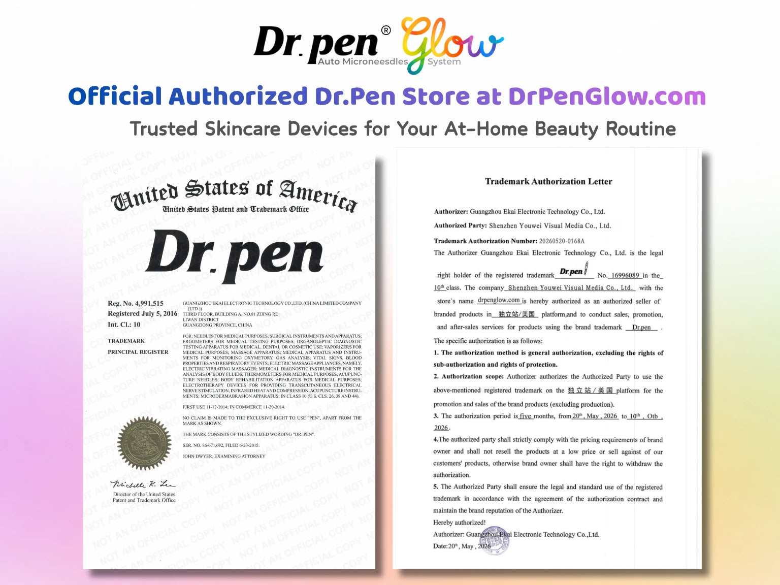Official authorized Dr. Pen store at DrPenGlow.com with trademark registration and authorization certificate for trusted at-home skincare devices.