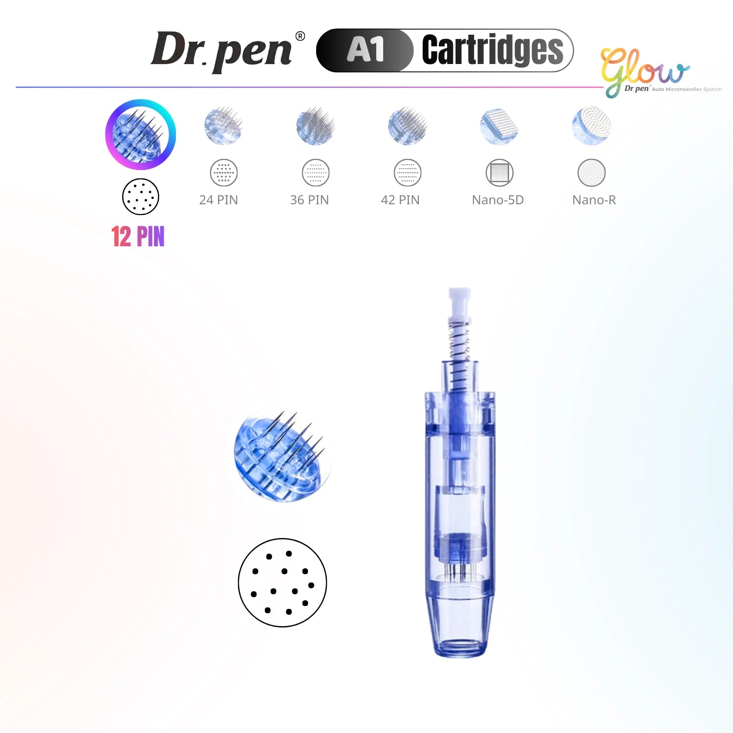 Dr. Pen A1 12 pin replacement cartridge detail image with needle pattern and cartridge body for targeted microneedling treatments.