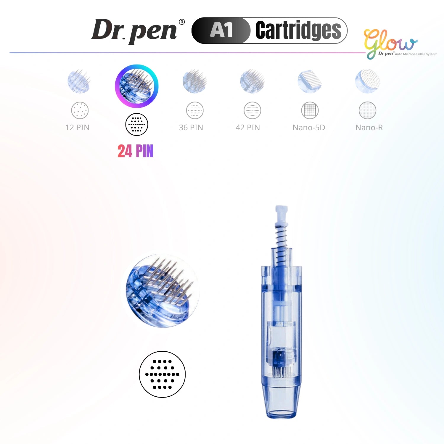 Dr. Pen A1 24 pin replacement cartridge detail image showing needle arrangement and cartridge body for facial microneedling.
