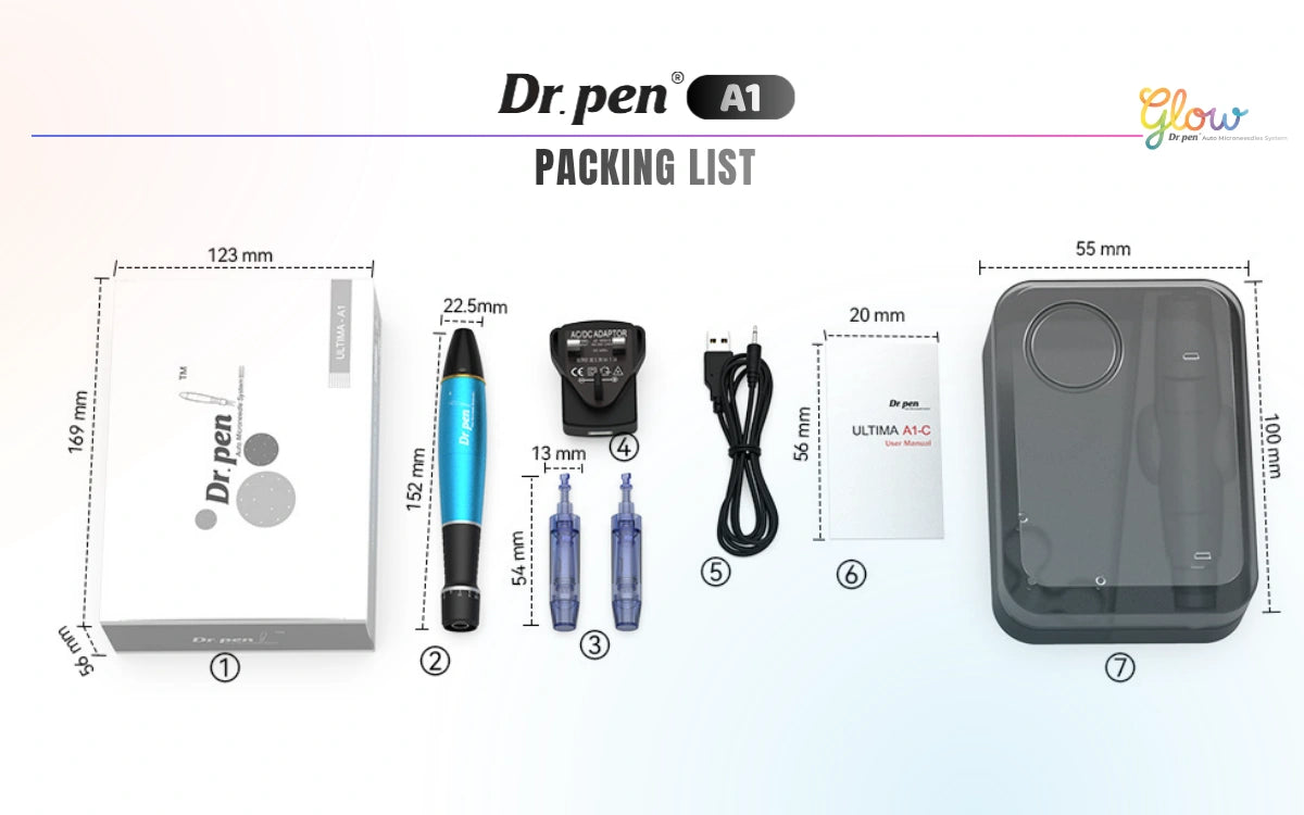 Dr. Pen A1 microneedling pen packing list with device, cartridges, adapter, USB cable, user manual, and storage case.