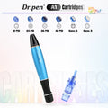 Dr. Pen A1 replacement cartridges overview showing 12 pin, 24 pin, 36 pin, 42 pin, Nano-S and Nano-R needle cartridge options for microneedling.