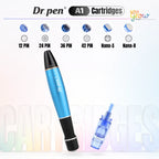 Dr. Pen A1 replacement cartridges overview showing 12 pin, 24 pin, 36 pin, 42 pin, Nano-S and Nano-R needle cartridge options for microneedling.
