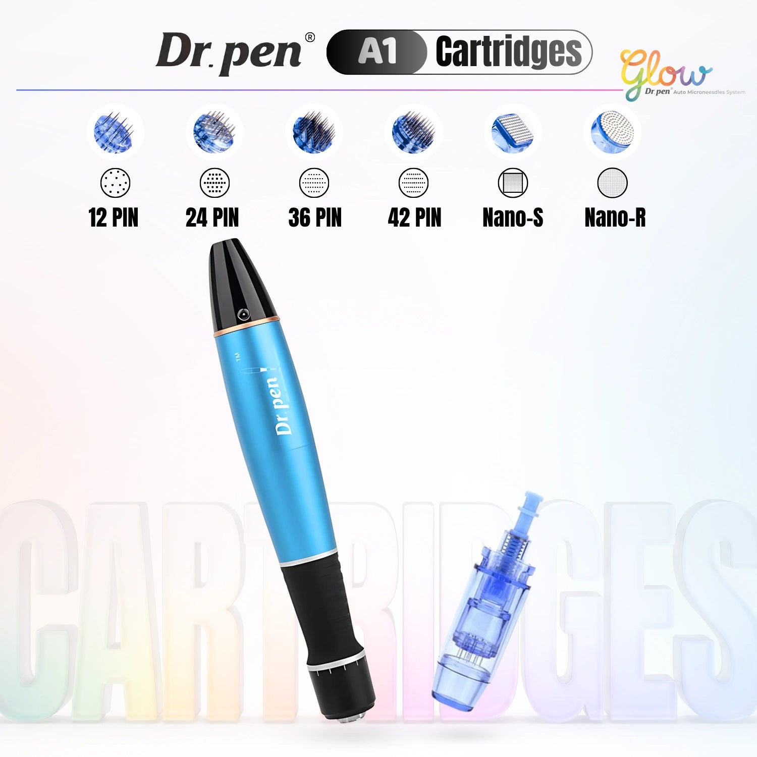 Dr. Pen A1 replacement cartridges overview showing 12 pin, 24 pin, 36 pin, 42 pin, Nano-S and Nano-R needle cartridge options for microneedling.