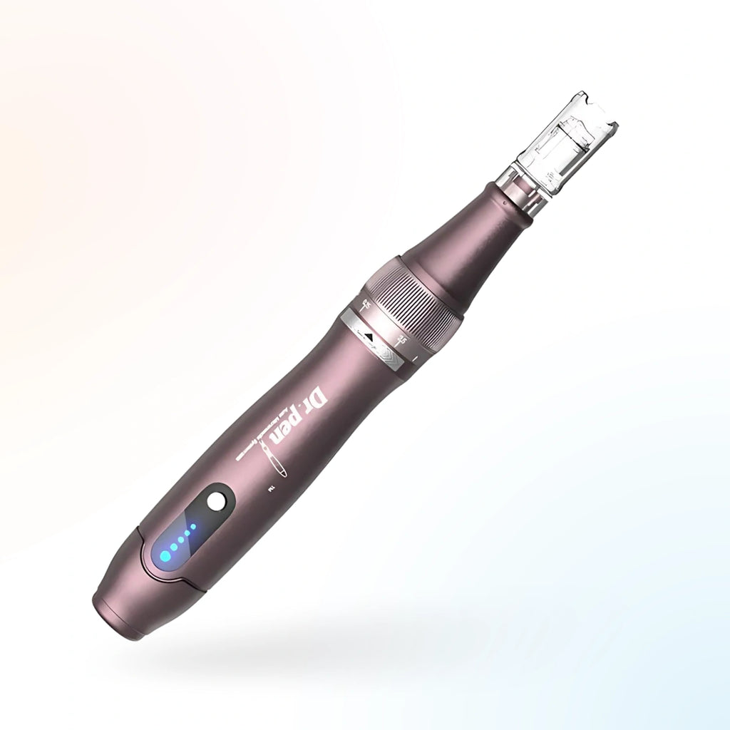 Angled view of Dr. Pen A10 adjustable microneedling pen showing ergonomic grip and cartridge tip