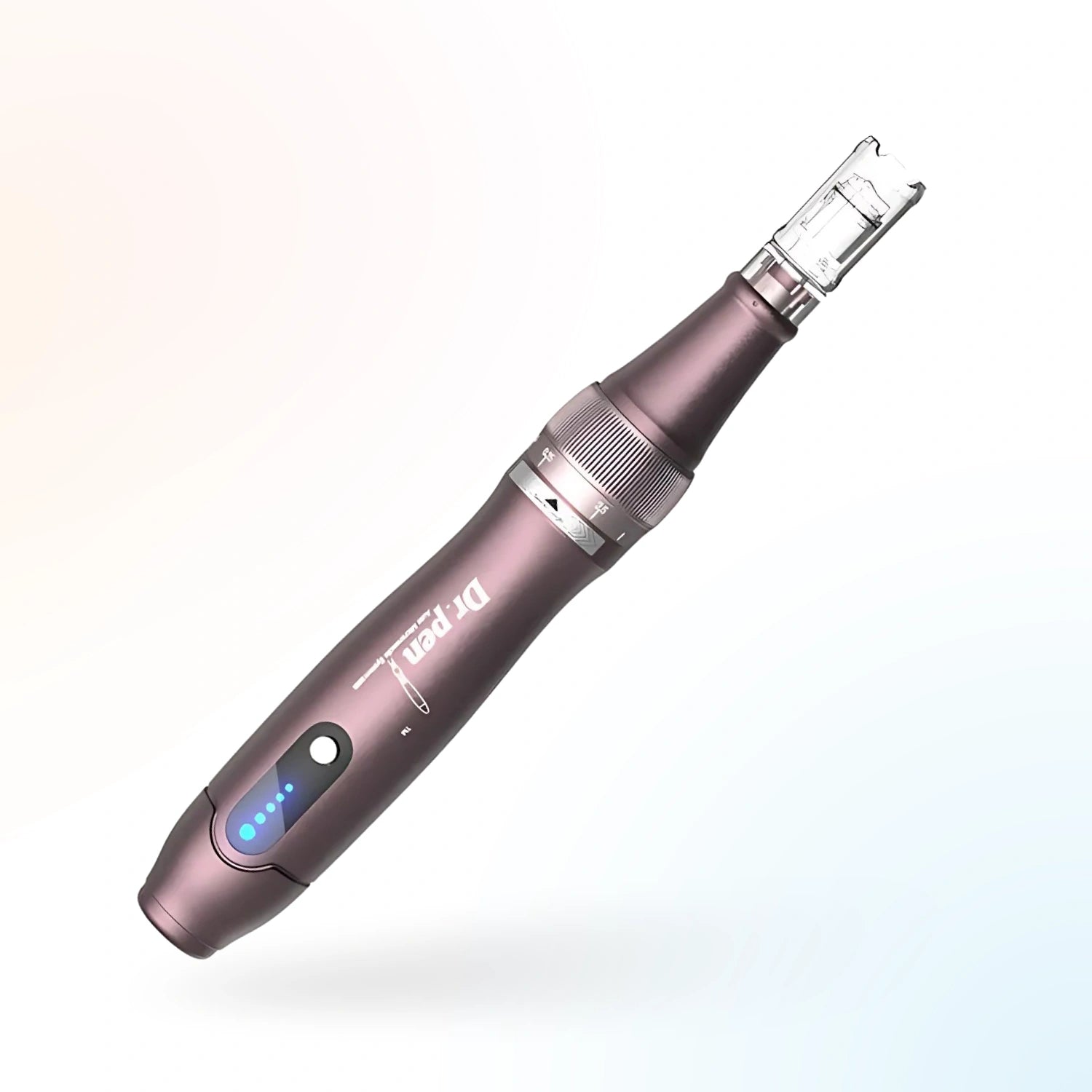 Angled view of Dr. Pen A10 adjustable microneedling pen showing ergonomic grip and cartridge tip