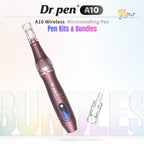 Dr. Pen A10 adjustable microneedling pen kits and bundles with spare needle cartridge on gradient background