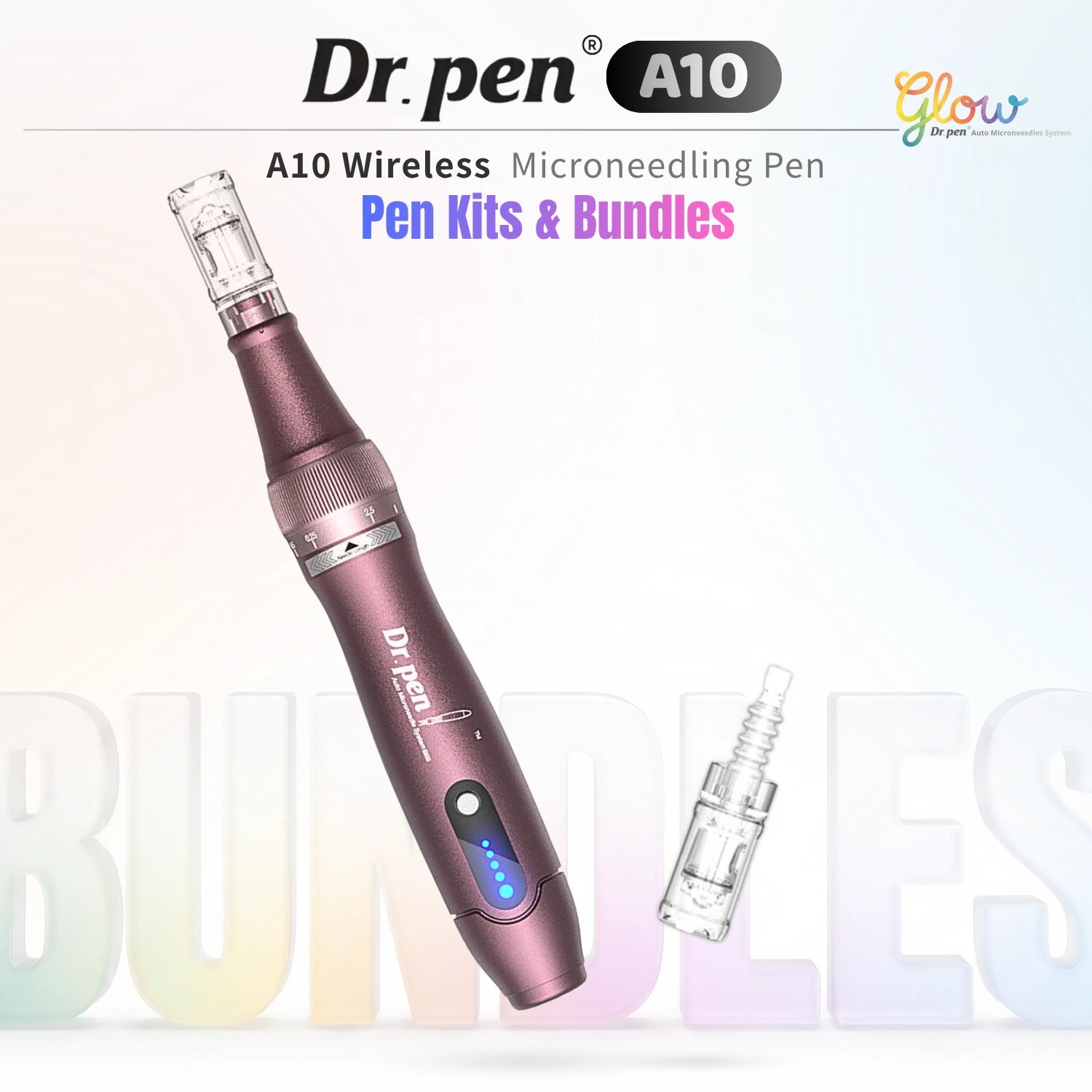 Dr. Pen A10 adjustable microneedling pen kits and bundles with spare needle cartridge on gradient background