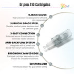 Dr. Pen A10 replacement cartridge feature graphic showing 0.25 mm gauge, surgical grade steel, secure 3-slot connection, anti-backflow system and EO sterilization.