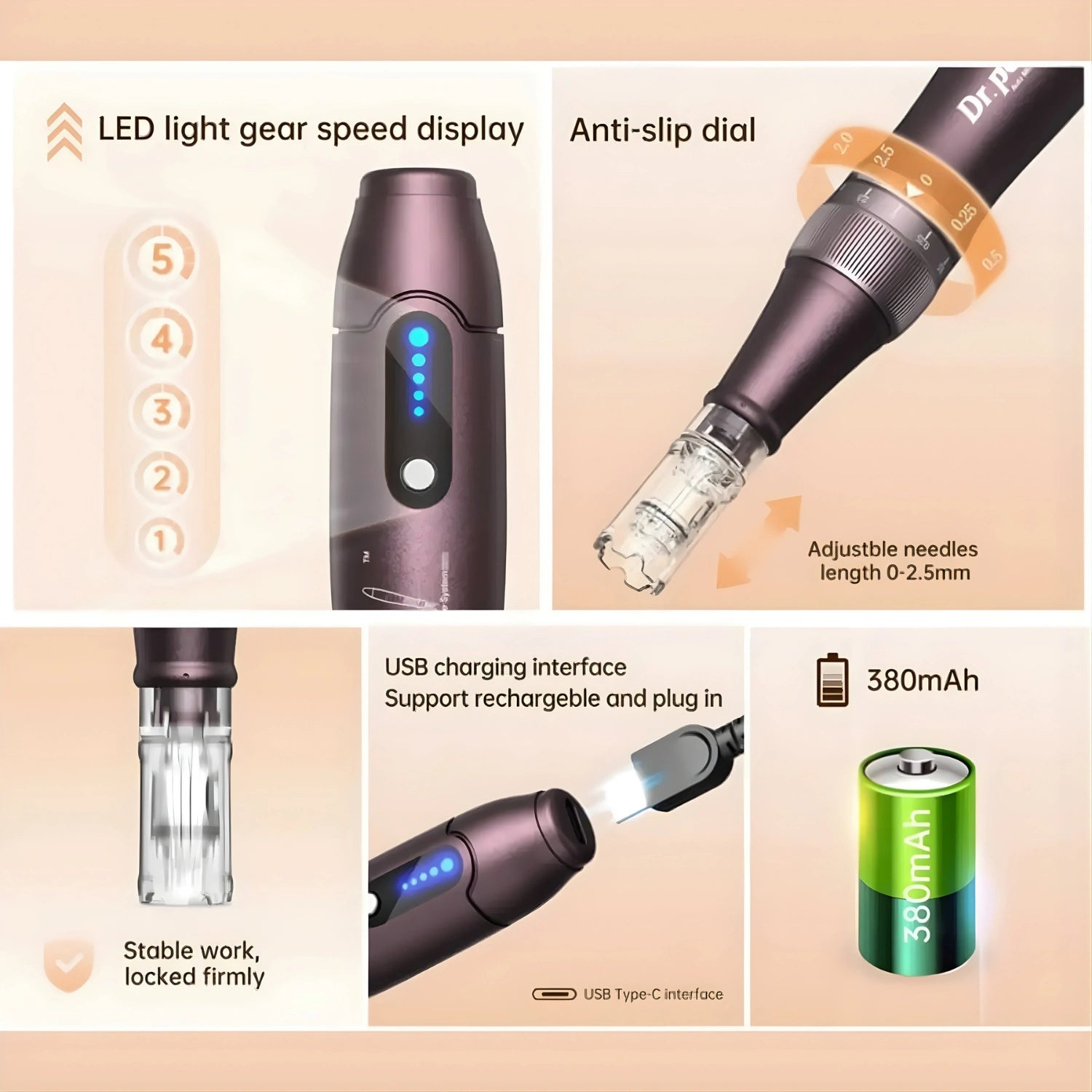 Dr. Pen A10 LED speed display with adjustable needle depth dial and stable cartridge connection system