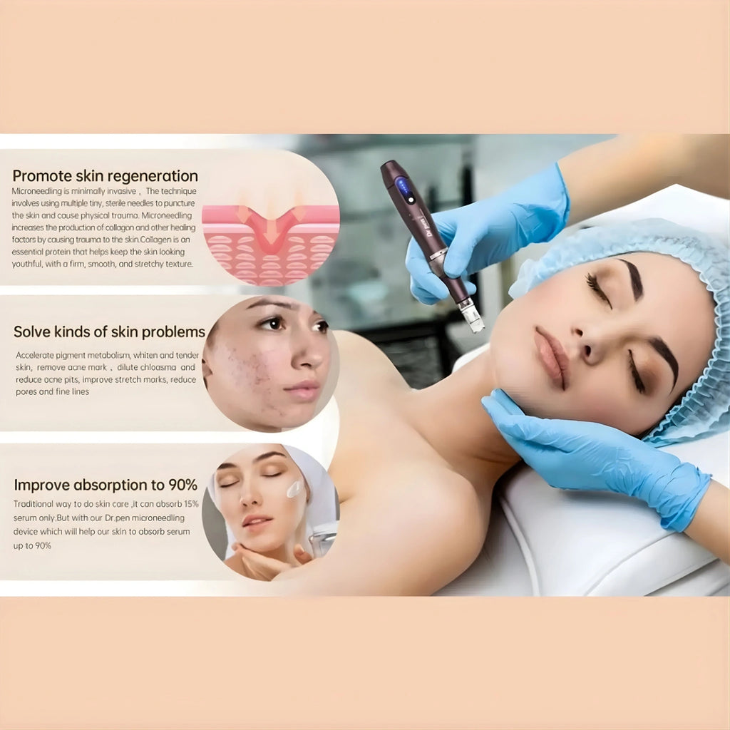 Professional skin care treatment using Dr. Pen A10 adjustable microneedling pen for facial rejuvenation and improved absorption