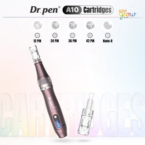 Dr. Pen A10 replacement cartridges overview showing 12 pin, 24 pin, 36 pin, 42 pin and Nano-S needle options.