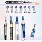 Dr. Pen A10 replacement cartridges compatible with M8S, A8S, A9 and A11 pens, showing 12 pin, 18 pin, 24 pin, 36 pin, 42 pin, Nano-R and Nano-S options