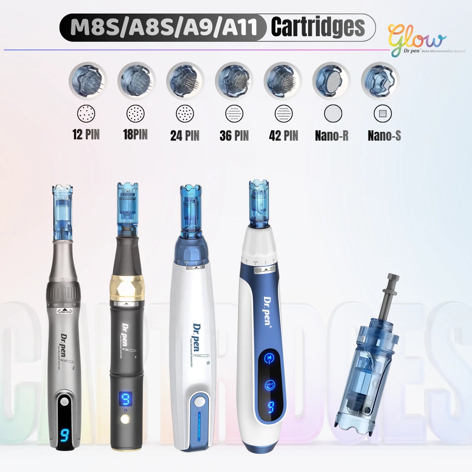 Dr. Pen A10 replacement cartridges compatible with M8S, A8S, A9 and A11 pens, showing 12 pin, 18 pin, 24 pin, 36 pin, 42 pin, Nano-R and Nano-S options