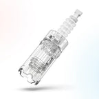 Close-up of a transparent Dr. Pen A10 replacement cartridge with anti-backflow design and scalloped edge.