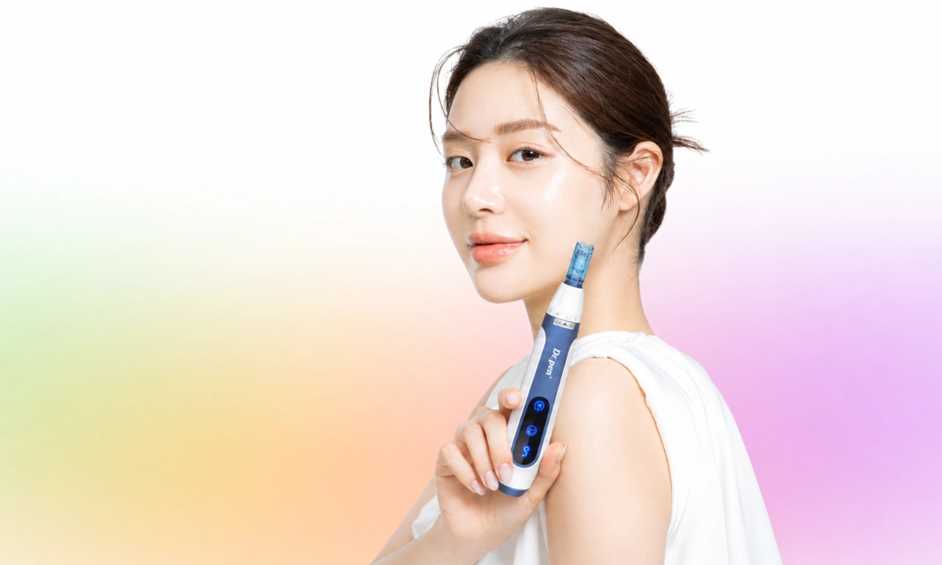 Dr. Pen A11 microneedling pen banner with female model on a soft gradient background
