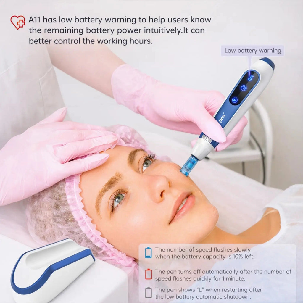 Dr. Pen A11 Ultima Pro microneedling pen low battery warning indicator during skincare treatment