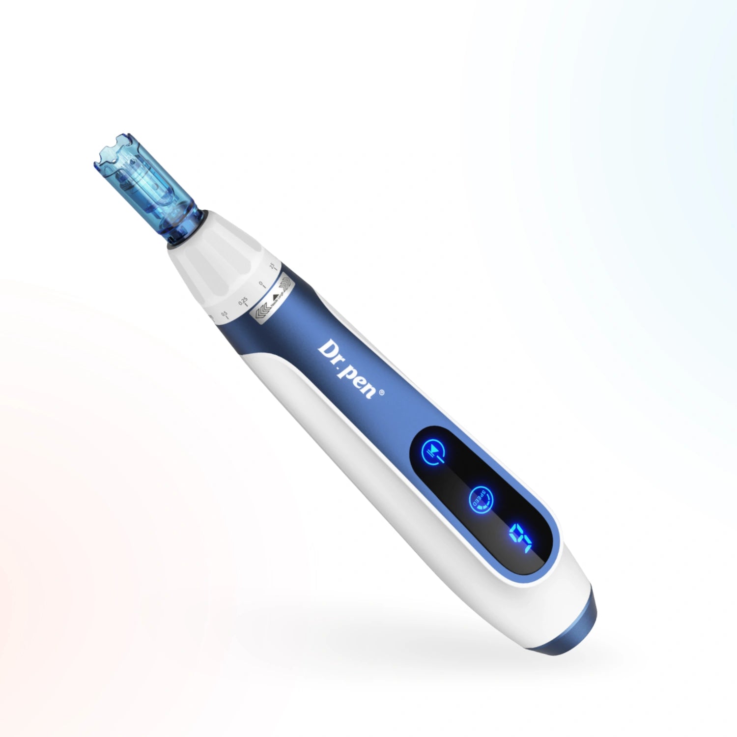 Angled view of Dr. Pen A11 Ultima Pro microneedling pen showing digital LED display and ergonomic design