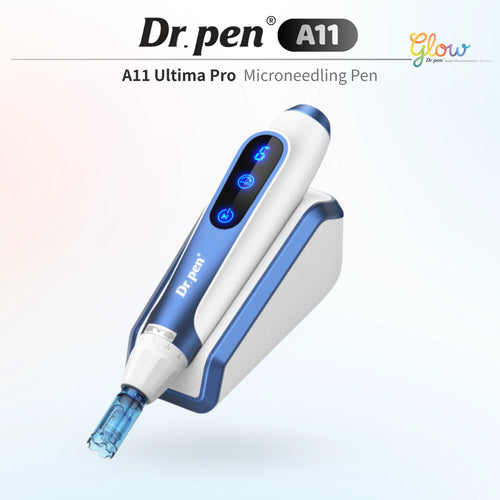 Dr. Pen A11 Ultima Pro microneedling pen in blue and white with charging base and needle cartridge