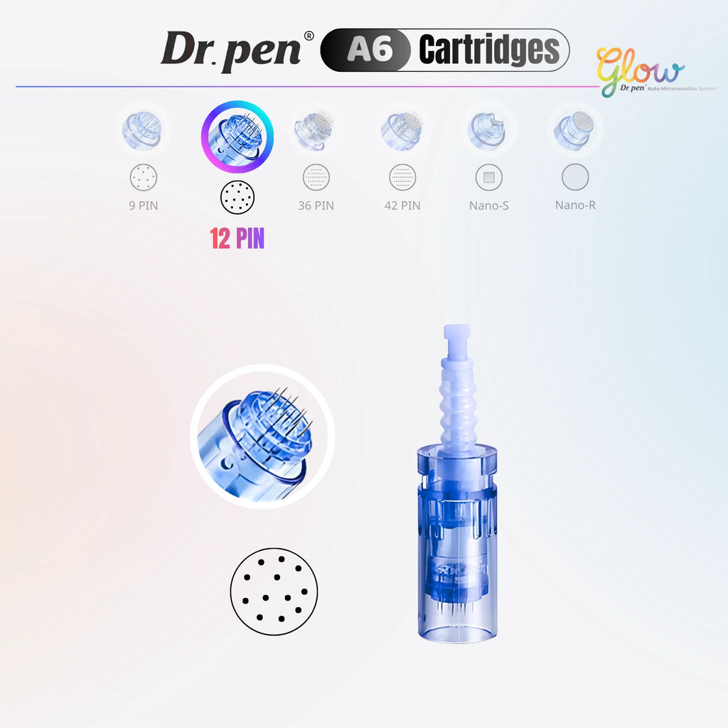 Dr. Pen A6 12 pin replacement cartridge detail image with needle layout and cartridge body for facial microneedling.