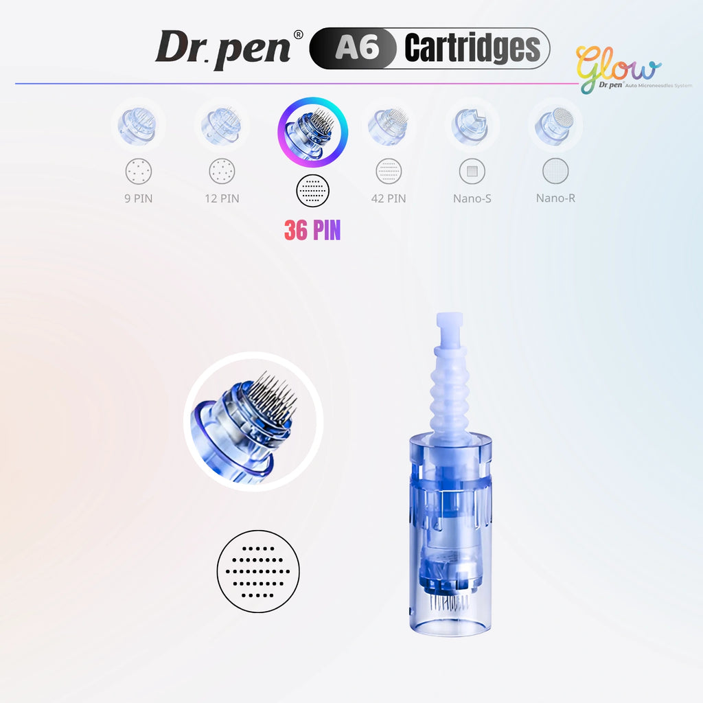 Dr. Pen A6 36 pin replacement cartridge detail image showing dense needle arrangement and cartridge body for microneedling skin care.