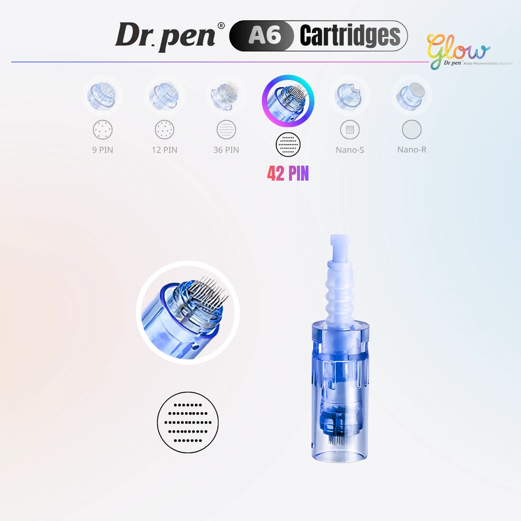 Dr. Pen A6 42 pin replacement cartridge detail image with high-density needle pattern and cartridge body for microneedling treatments.