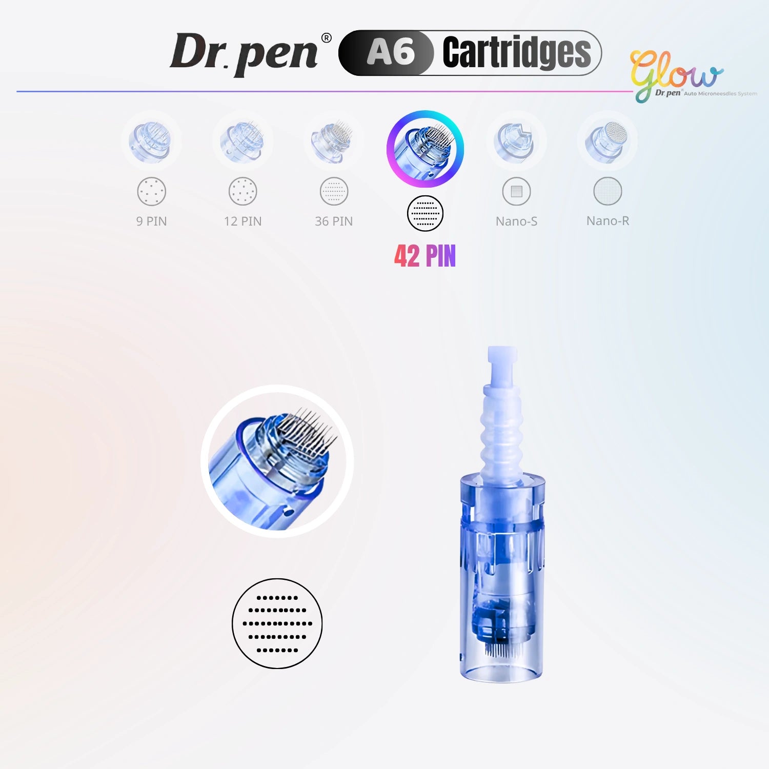 Dr. Pen A6 42 pin replacement cartridge detail image with high-density needle pattern and cartridge body for microneedling treatments.