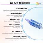 Dr. Pen A6 replacement cartridge feature overview highlighting fine needle gauge, stainless steel needles, twist-lock slot, anti-backflow design, EO sterilization and adjustable depth compatibility.