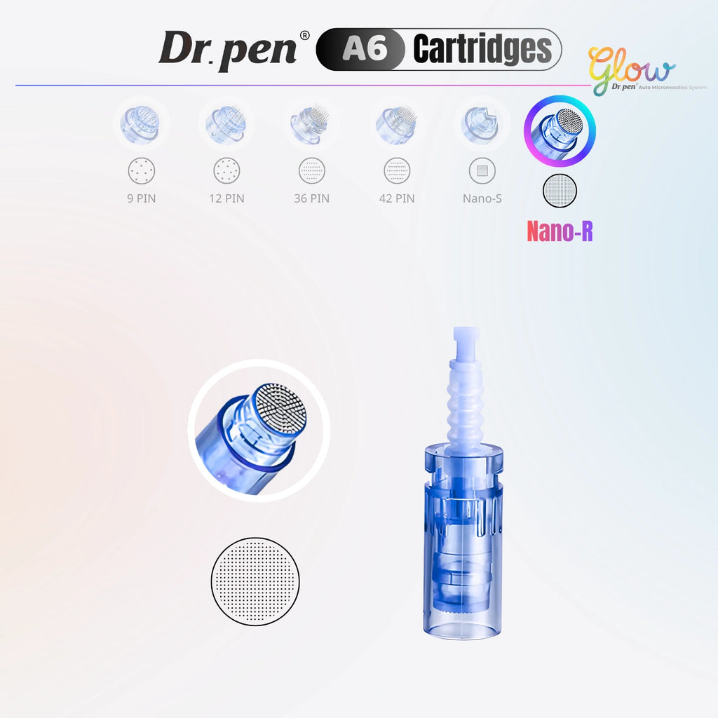 Dr. Pen A6 Nano-R replacement cartridge detail image showing round nano tip pattern and cartridge body for serum absorption and daily skin care.