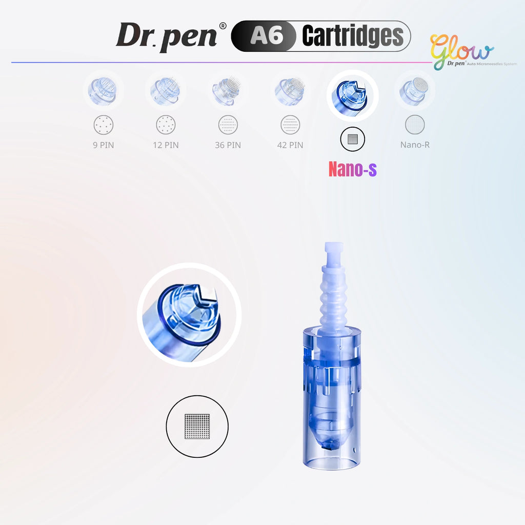 Dr. Pen A6 Nano-S replacement cartridge detail image showing square nano tip pattern and cartridge body for serum infusion and delicate skin areas.