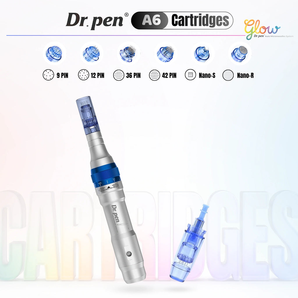 Dr. Pen A6 replacement cartridges overview showing 9 pin, 12 pin, 36 pin, 42 pin, Nano-S and Nano-R cartridge options for microneedling.