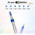 Dr. Pen A6 replacement cartridges overview showing 9 pin, 12 pin, 36 pin, 42 pin, Nano-S and Nano-R cartridge options for microneedling.