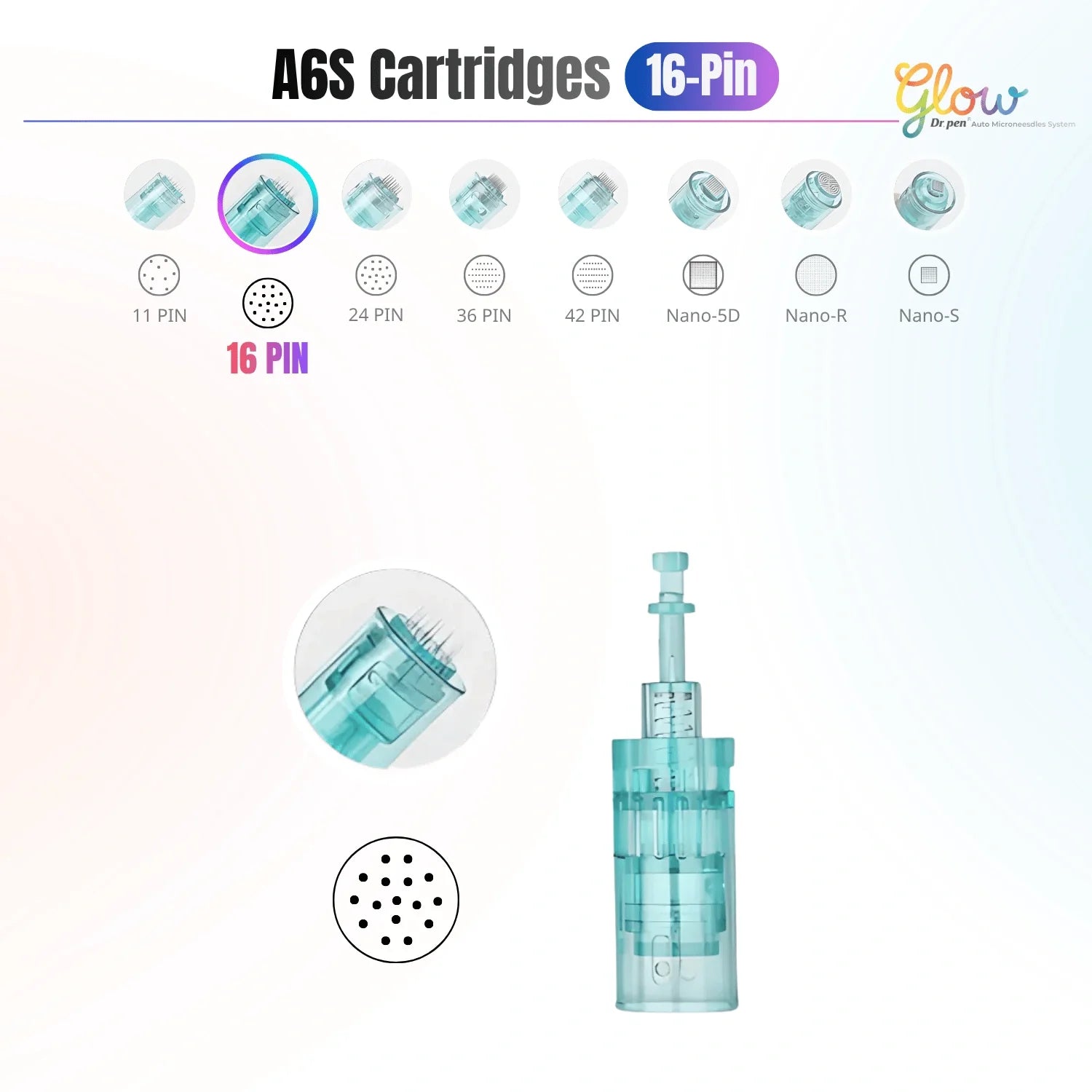 Dr.Pen A6S 16 pin replacement cartridge with close-up needle layout and cartridge body for skin care treatments.
