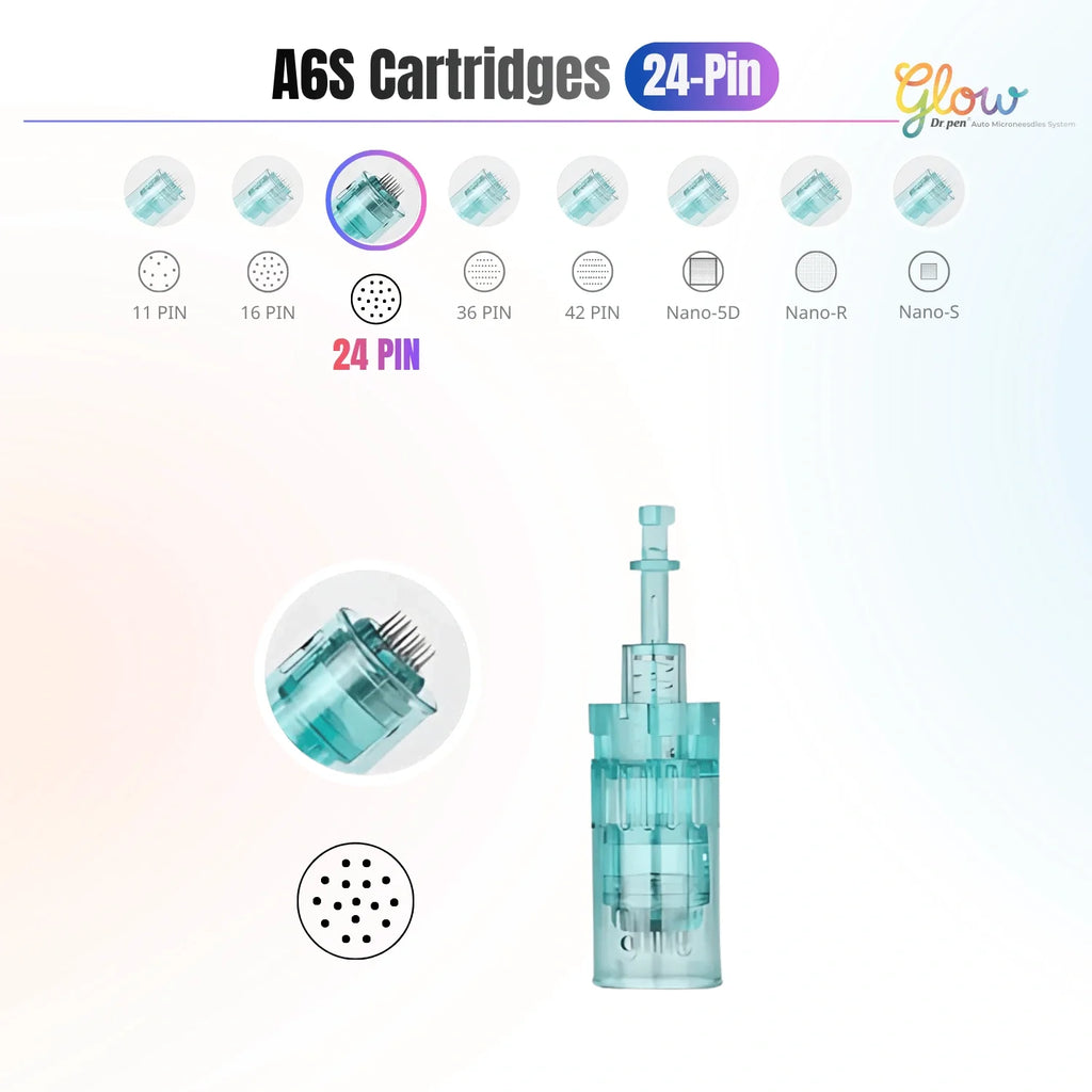 Dr.Pen A6S 24 pin replacement cartridge featuring needle head close-up, cartridge body and pin pattern guide.