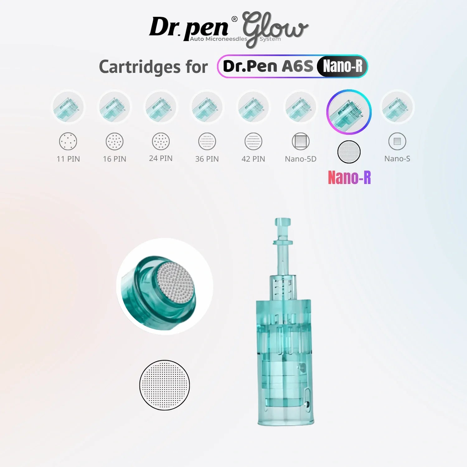 Dr.Pen A6S Nano-R replacement cartridge with round nano tip detail and cartridge body for gentle skin care application.