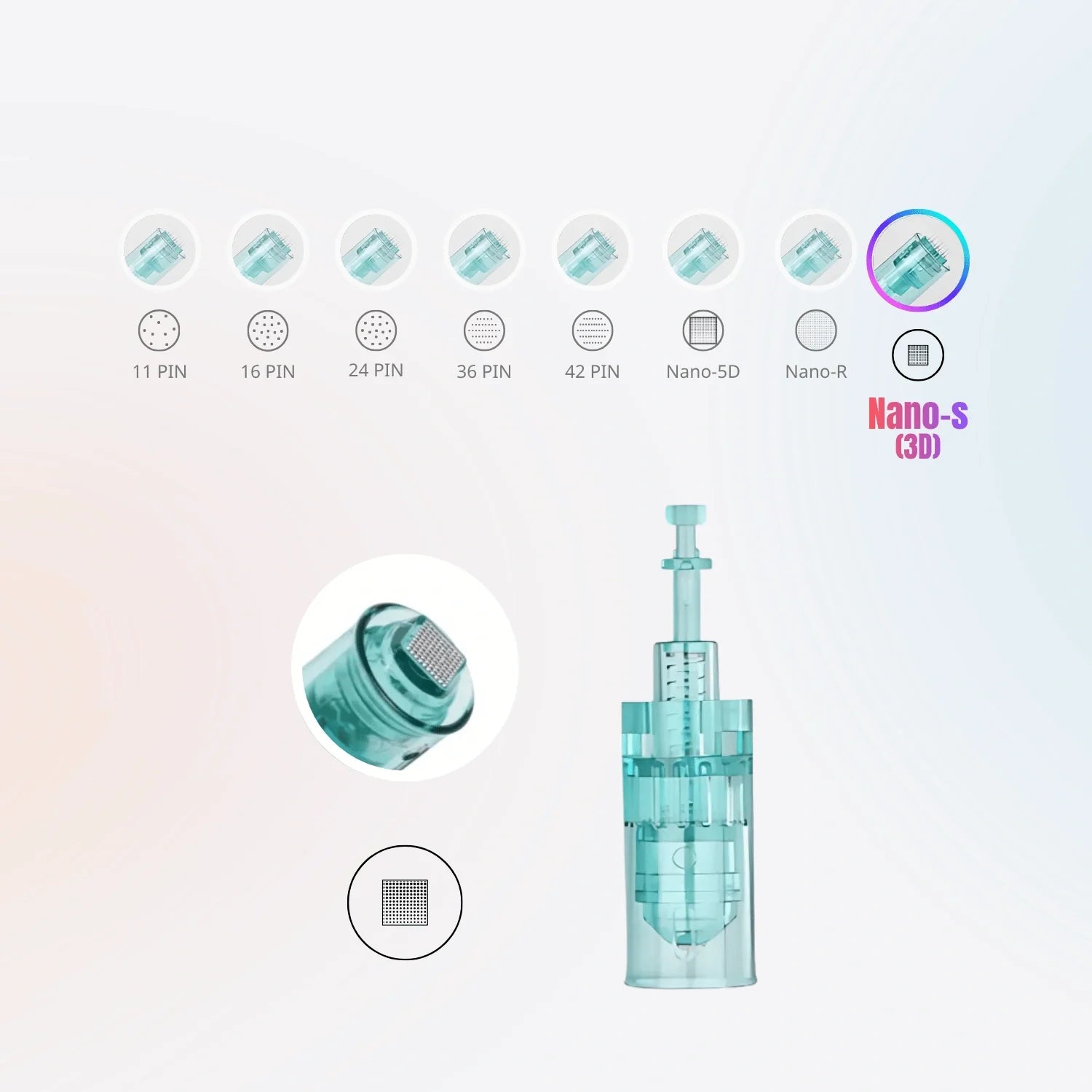 Dr.Pen A6S Nano-S 3D replacement cartridge with square nano tip close-up and cartridge body for facial care.