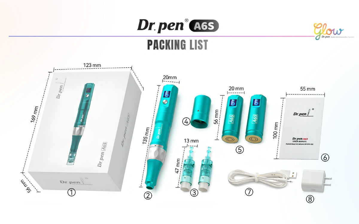 Dr. Pen A6S microneedling pen packing list with device, cartridges, battery, USB charging cable, adapter, and user manual.