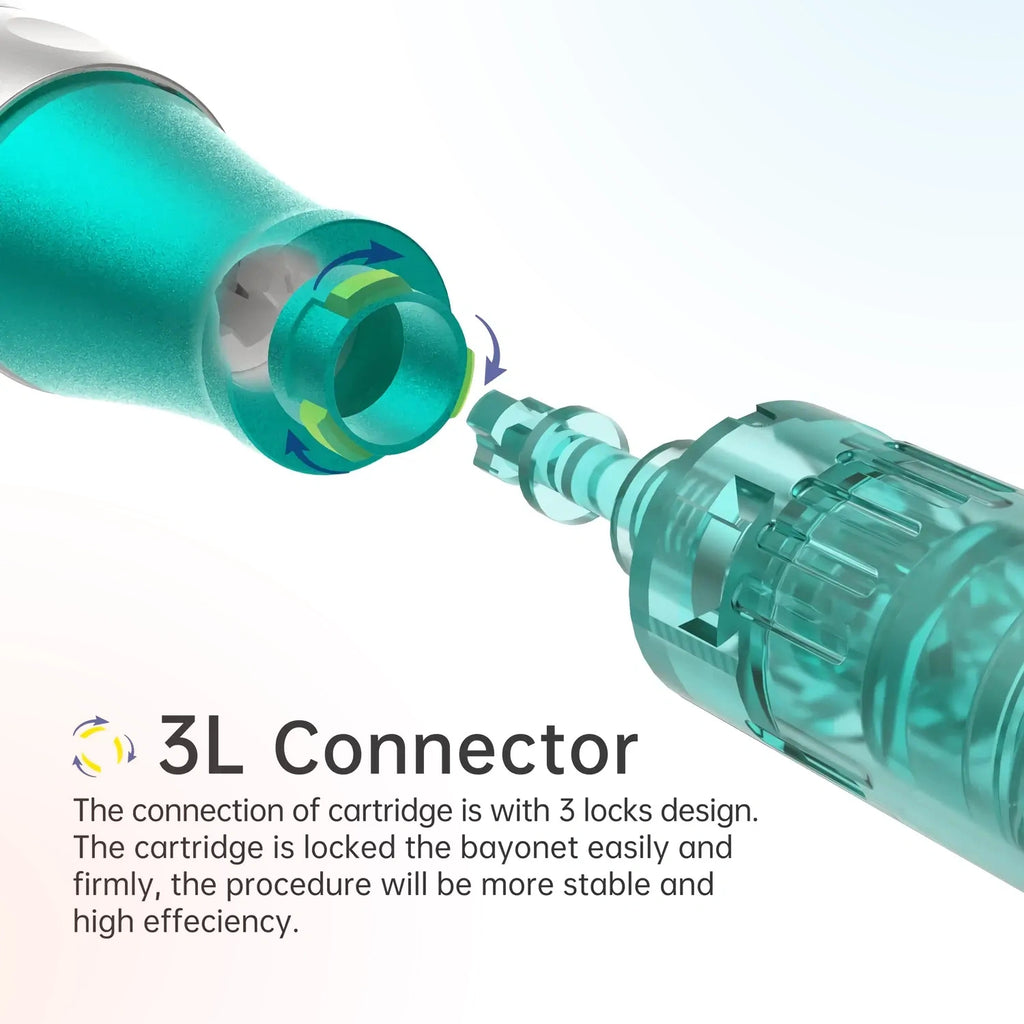 Close-up of the Dr. Pen A6S Smart Microneedling Pen 3L cartridge connector with three-lock bayonet design