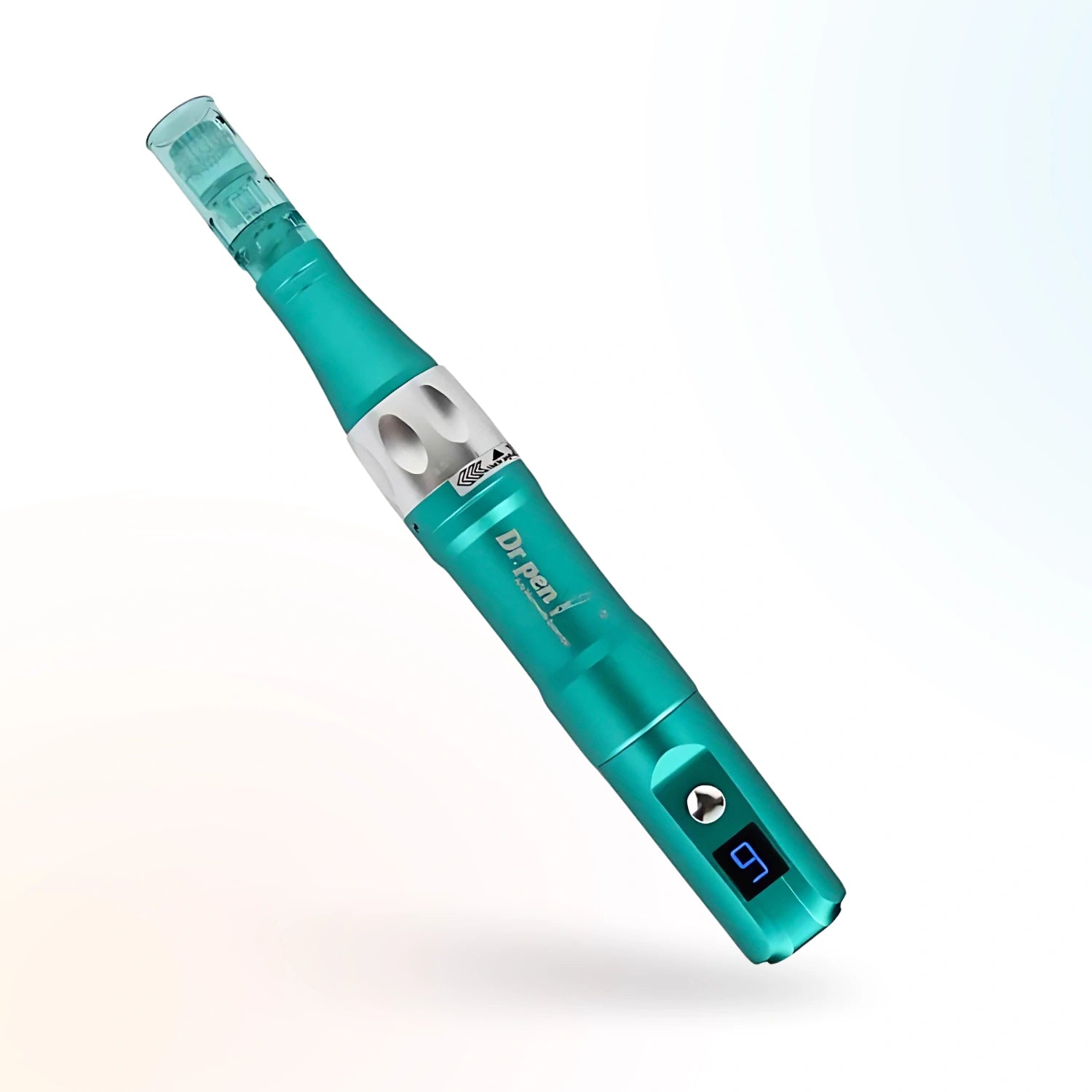 Angled product view of the teal Dr. Pen A6S Smart Microneedling Pen with digital speed display