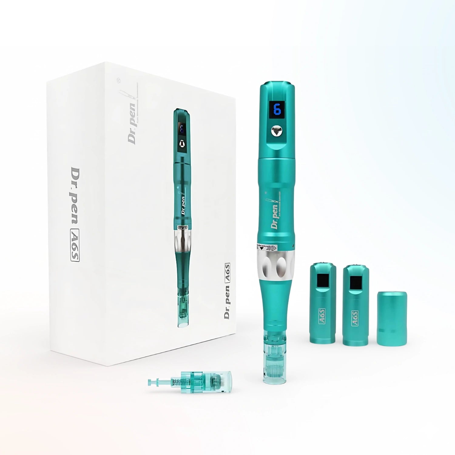 Dr. Pen A6S Smart Microneedling Pen box set with pen body, detachable handles, cap and cartridge accessories