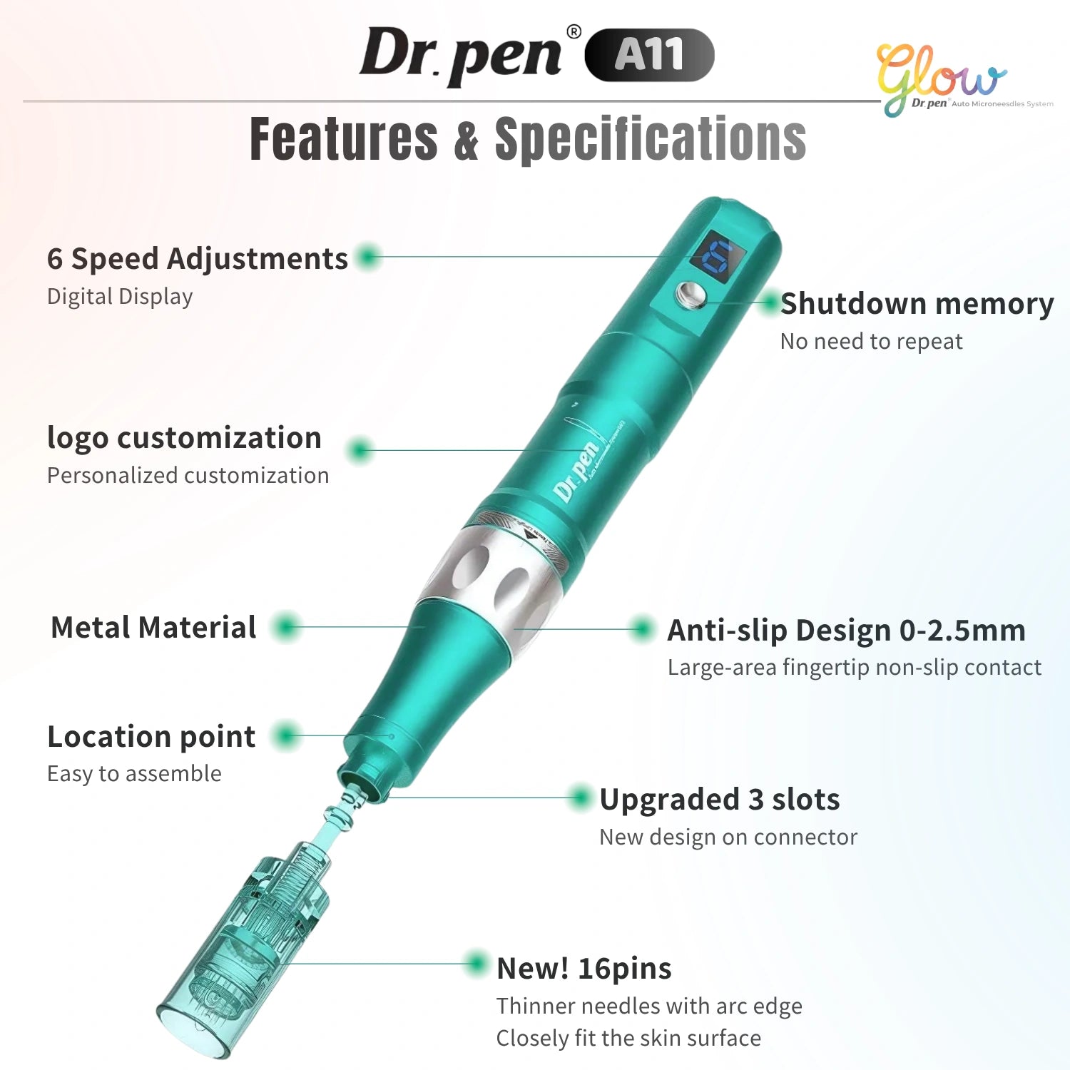 Dr. Pen A6S Smart Microneedling Pen features including six speed adjustments, digital display, metal body and 0 to 2.5 mm depth control