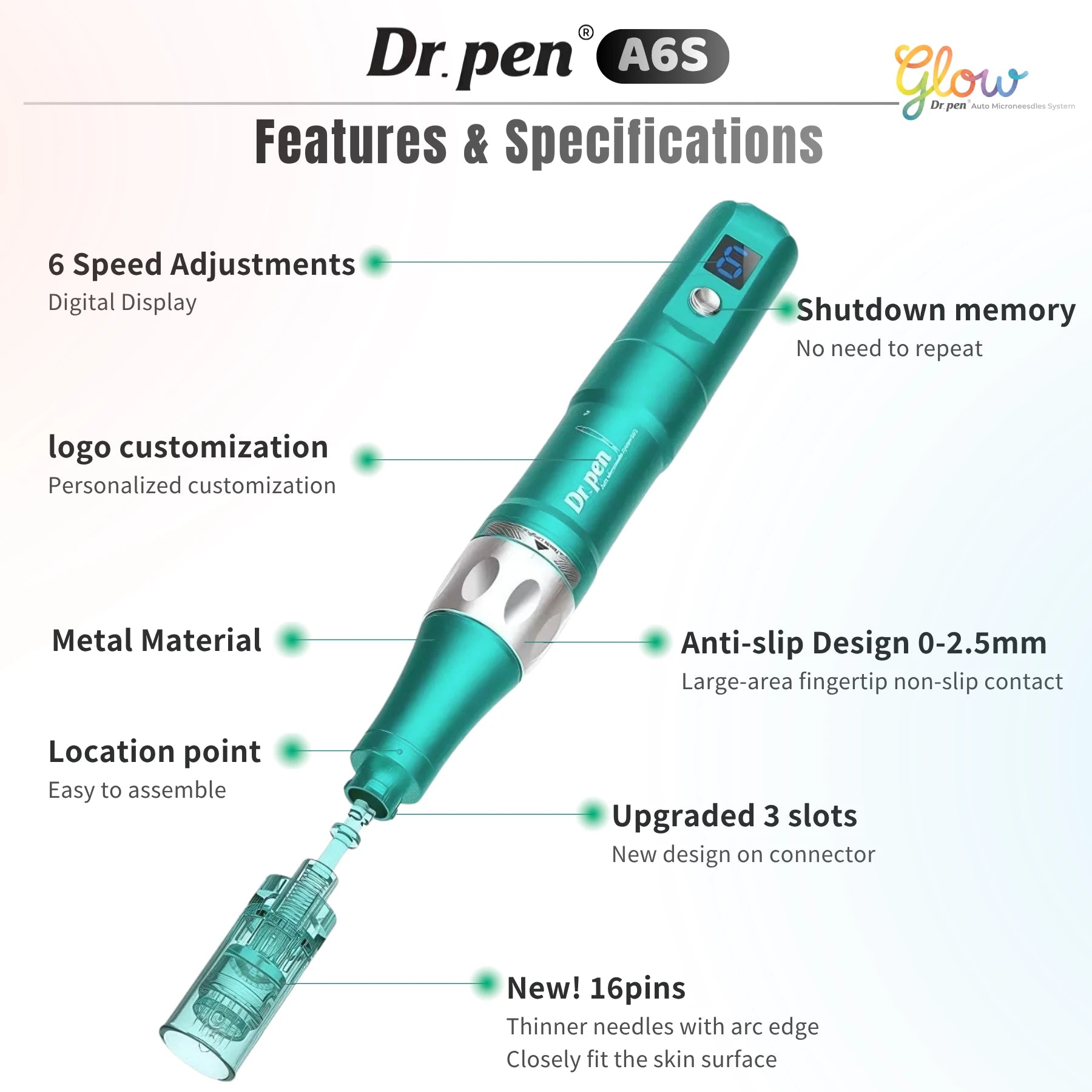 Dr. Pen A6S Smart Microneedling Pen features including six speed adjustments, digital display, metal body and 0 to 2.5 mm depth control