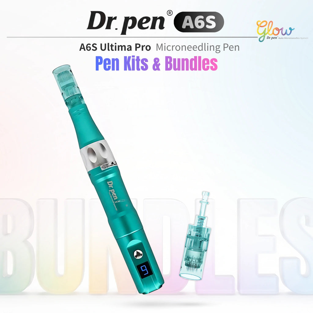 Dr. Pen A6S Smart Microneedling Pen kits and bundles with replacement cartridge on a clean pastel background