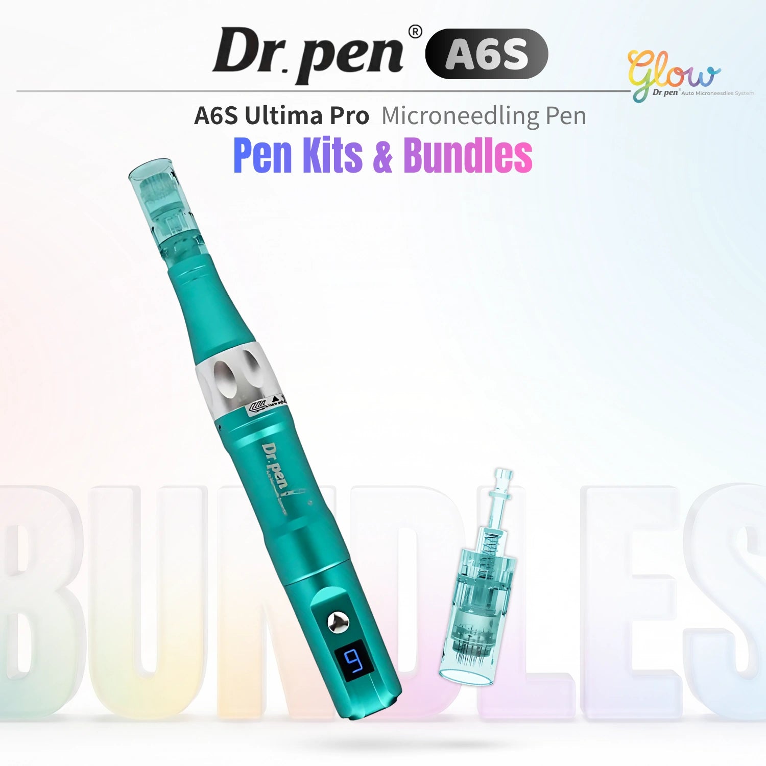 Dr. Pen A6S Smart Microneedling Pen kits and bundles with replacement cartridge on a clean pastel background