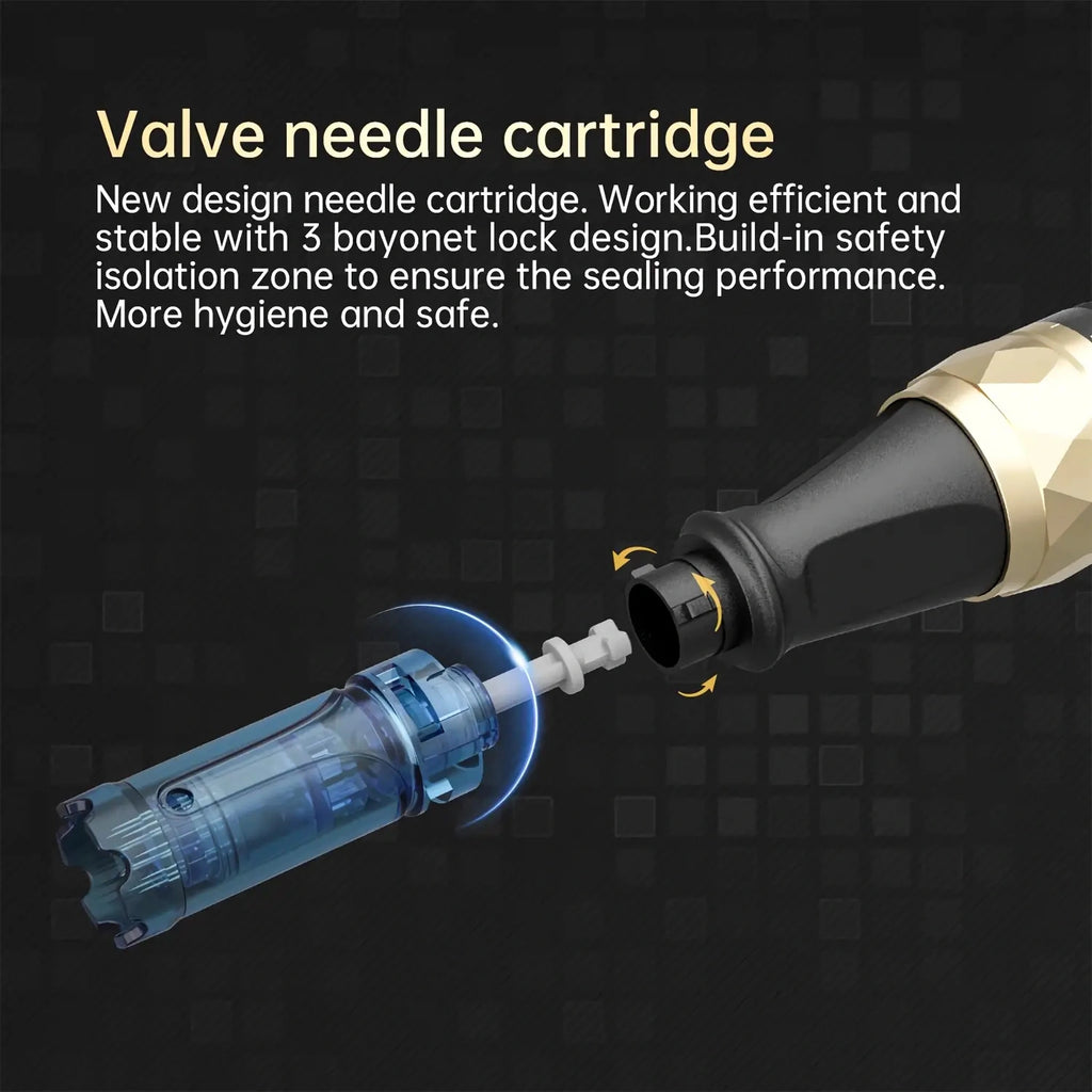 Close up of Dr. Pen A8S valve needle cartridge with three bayonet lock design for stable and hygienic microneedling