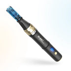 Angled view of Dr. Pen A8S wireless microneedling pen with LCD speed display and cartridge tip